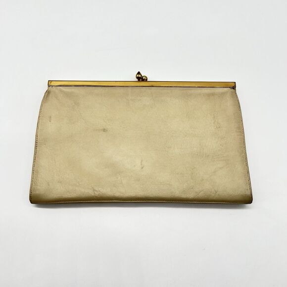 Melton Mel-Ton Beige or Tan Leather & Gold Trim/Kiss Lock VTG Classic Clutch Bag